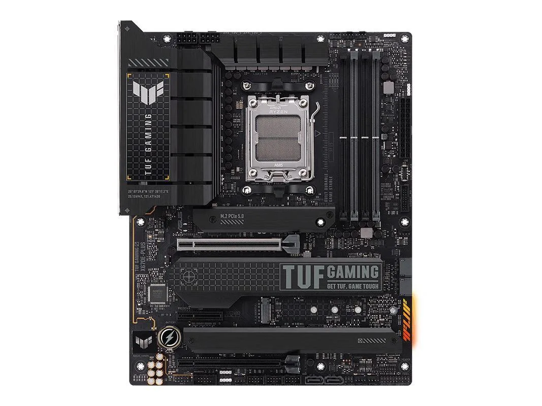 ATX motherboard with dark heatsinks and reinforced PCIe slot
