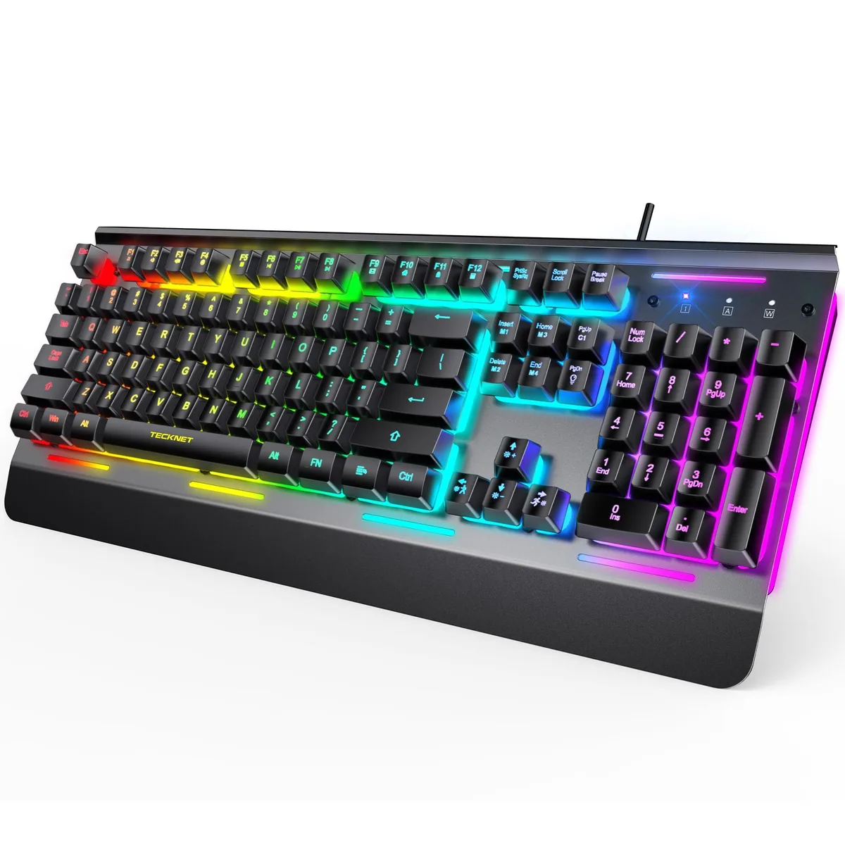 Black gaming keyboard with metal panel, RGB lighting, wrist rest and USB cable