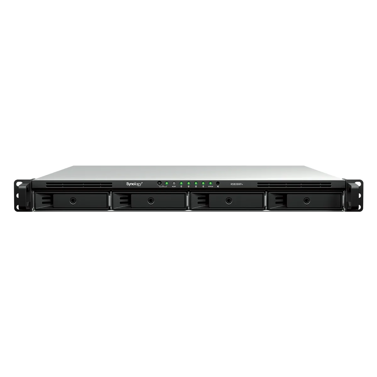 Silver 1U rackmount NAS chassis with four front drive bays and dual rear power supplies