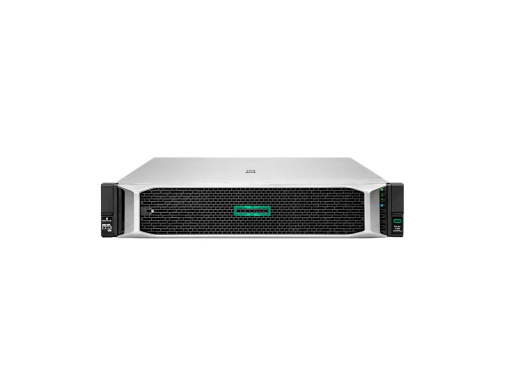 Silver 2U rack server with front drive bays and HPE badge