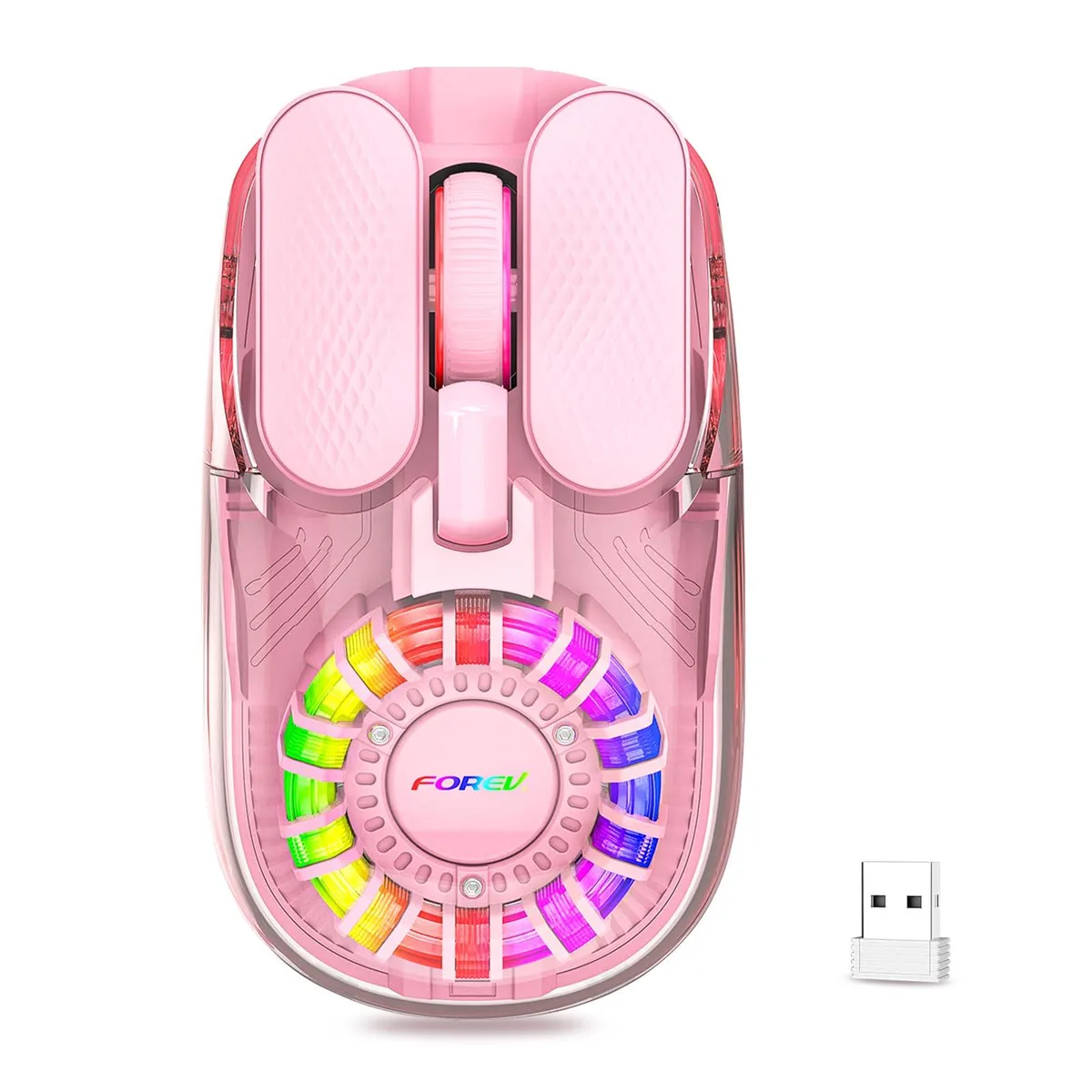 A small pink wireless gaming mouse with a transparent magnetic top cover and RGB lighting, shown next to a short USB-C charging cable