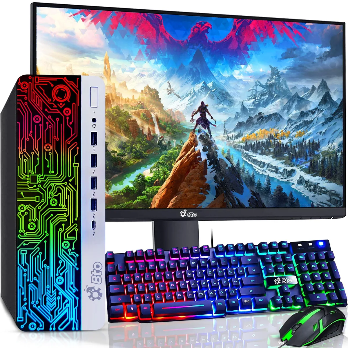 Black small-form-factor desktop tower with 24-inch monitor, RGB keyboard and mouse