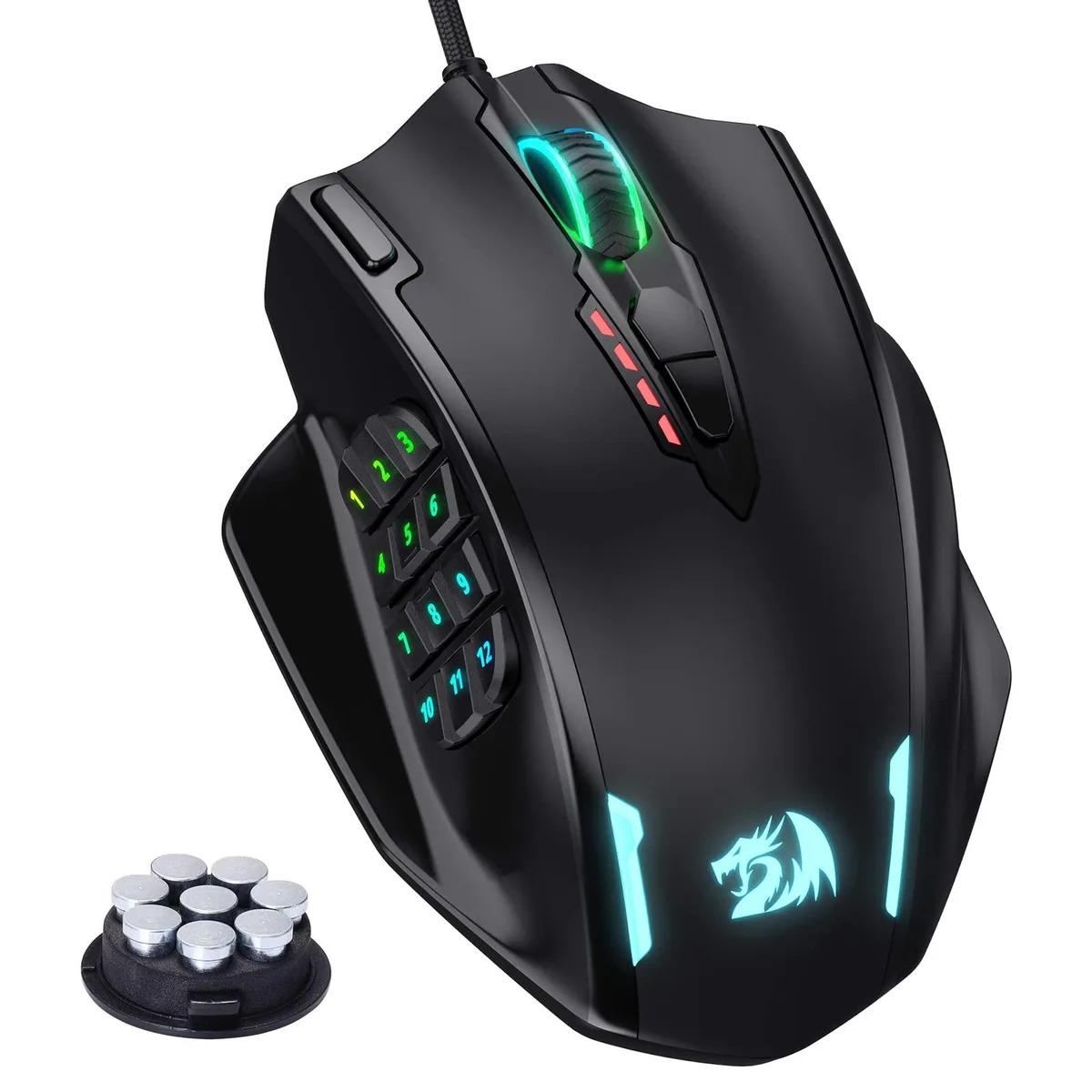 Black right-handed gaming mouse with twelve side buttons and braided cable