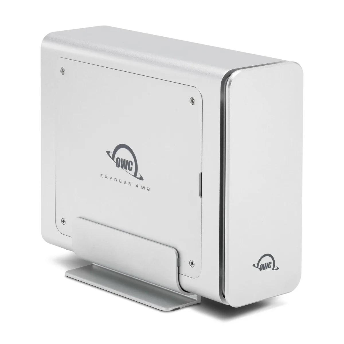 Silver aluminium four-bay NVMe M.2 enclosure with USB4 40Gbps connectivity