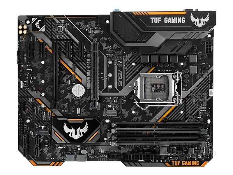 ATX motherboard with black and yellow TUF branding LGA 1151 socket DDR4 slots SATA ports I/O shield included