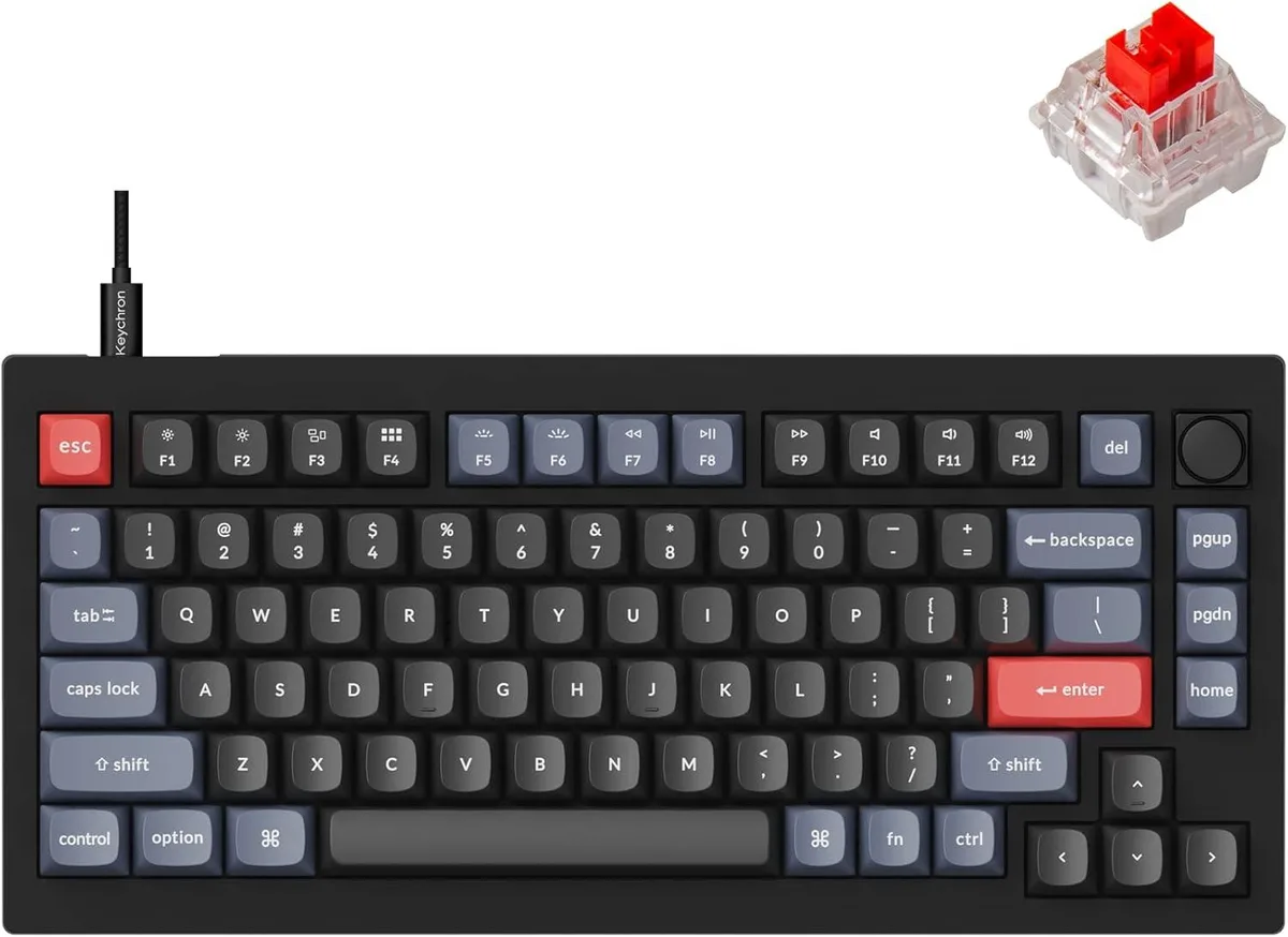 Compact 81-key mechanical keyboard in carbon black, 75% layout with red switches