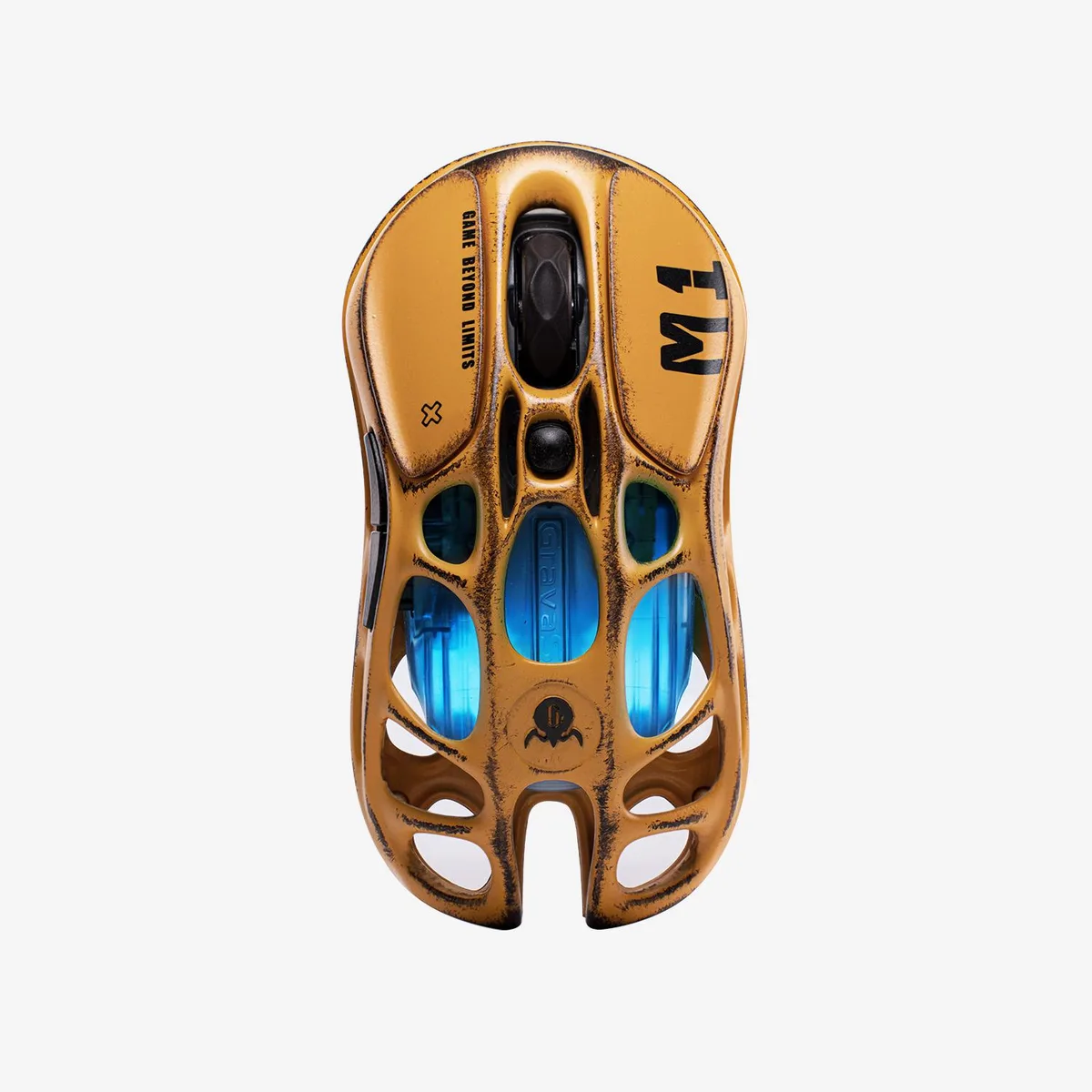 Yellow battle-worn magnesium gaming mouse with open skeletal shell