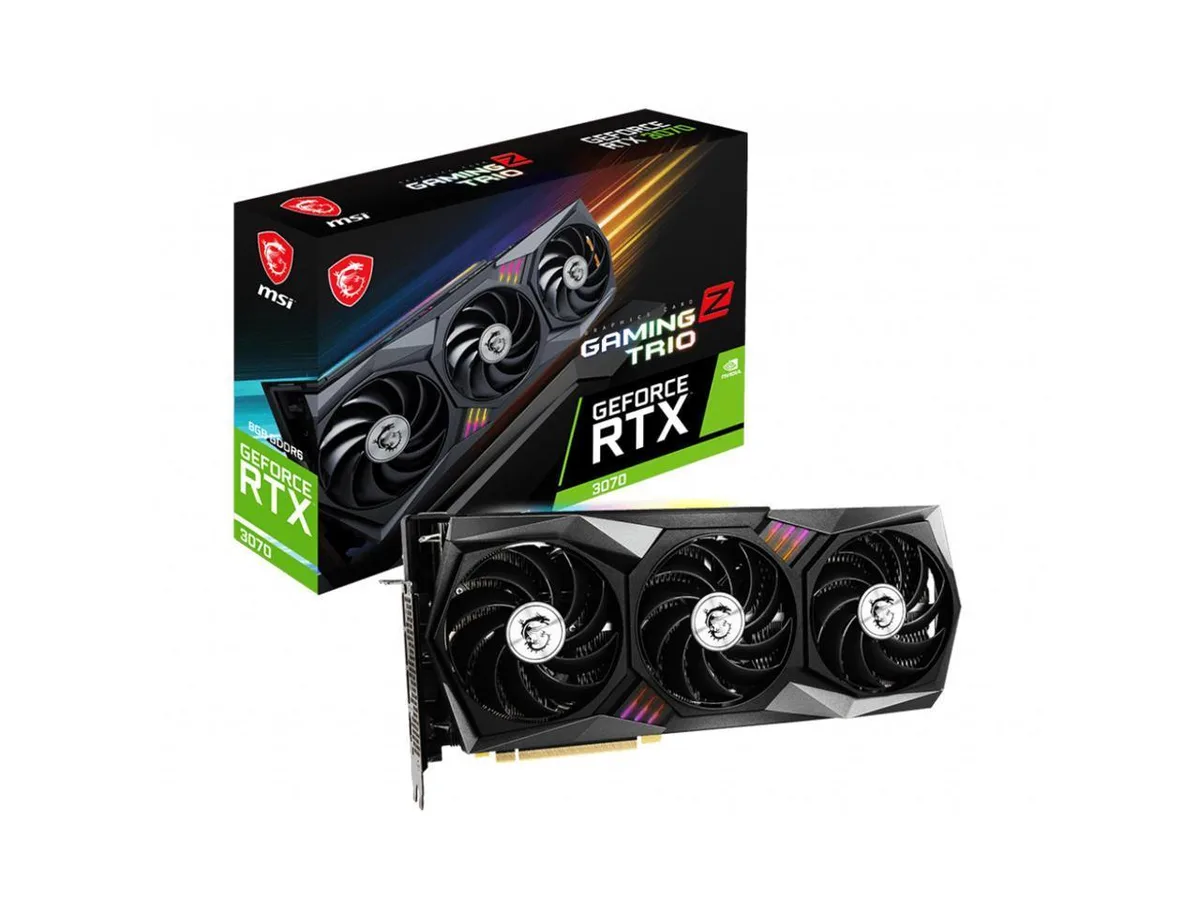 MSI RTX 3070 Gaming Z Trio triple-fan graphics card with brushed metal shroud and backplate