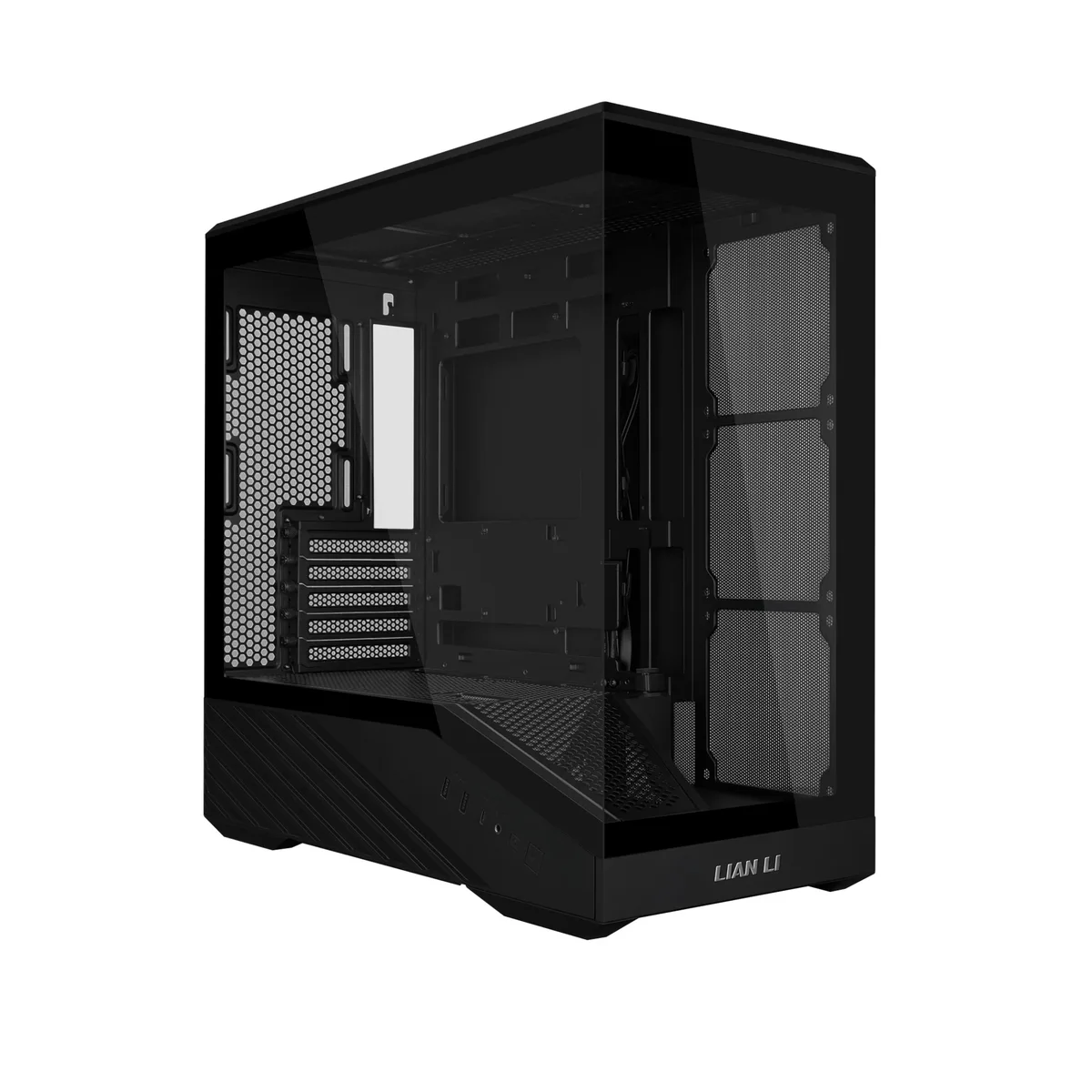 Black micro-ATX tower with tempered glass front and side panels