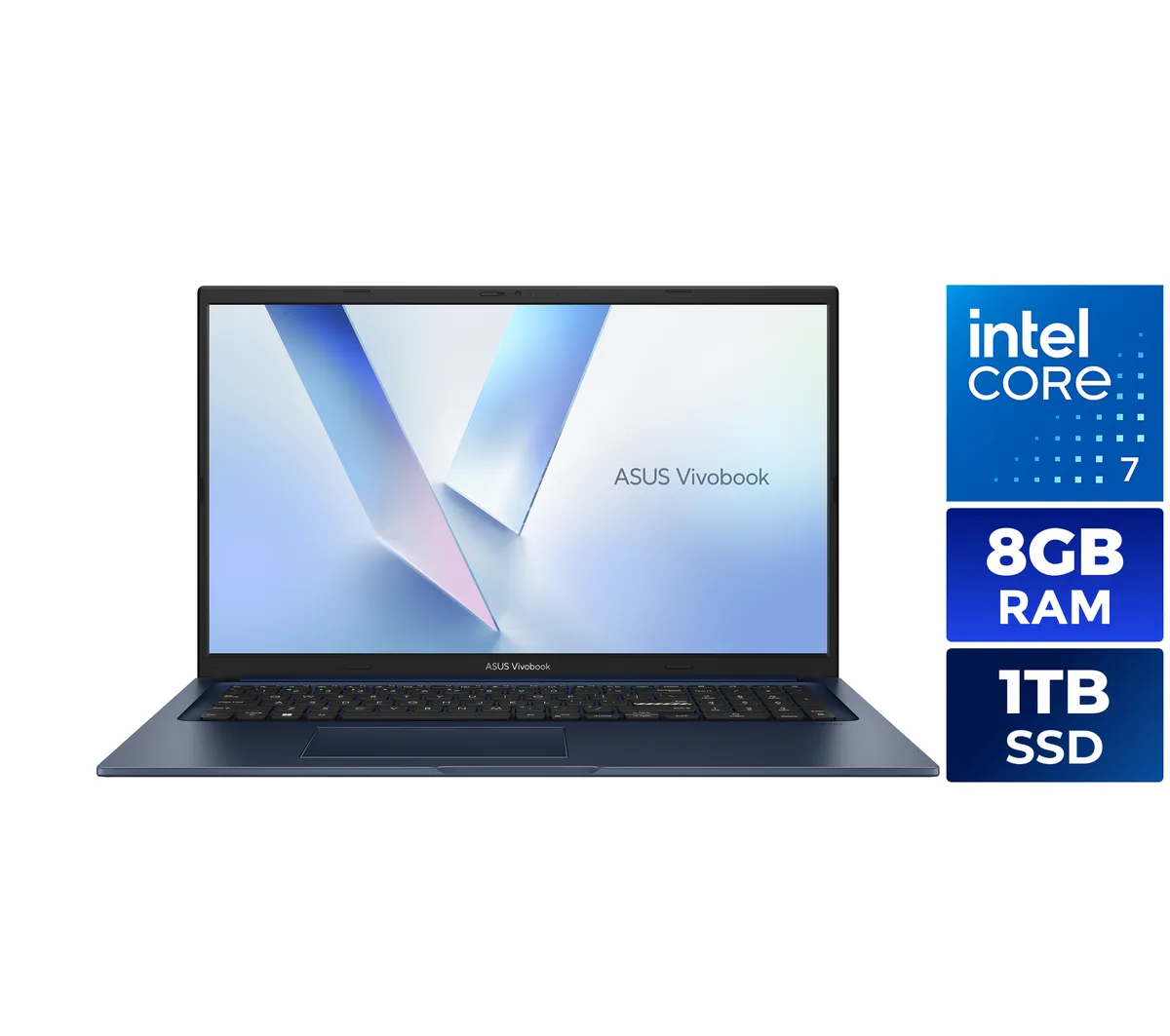 ASUS Vivobook 17 laptop in Quiet Blue finish, 17.3 inch FHD non-touch display, thin and light chassis with numeric keyboard