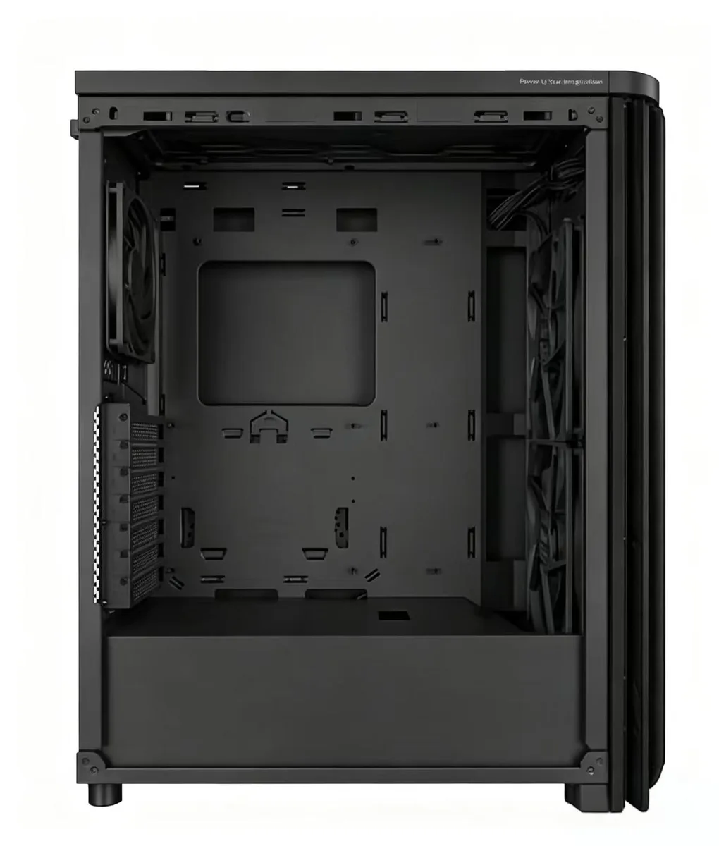 Mid-tower case in black steel with a wood front panel, two large front fans visible
