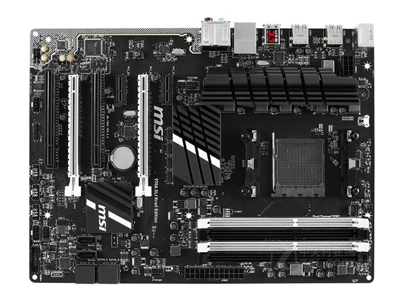 ATX motherboard in black and white Krait finish with four DDR3 slots and multiple PCIe slots