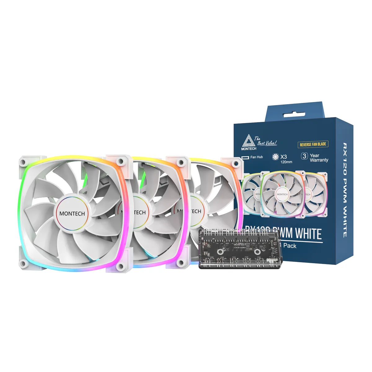 Montech Montech RX120-3in1W 120 mm case fan 3-pack white 1600 RPM — tuotekuva