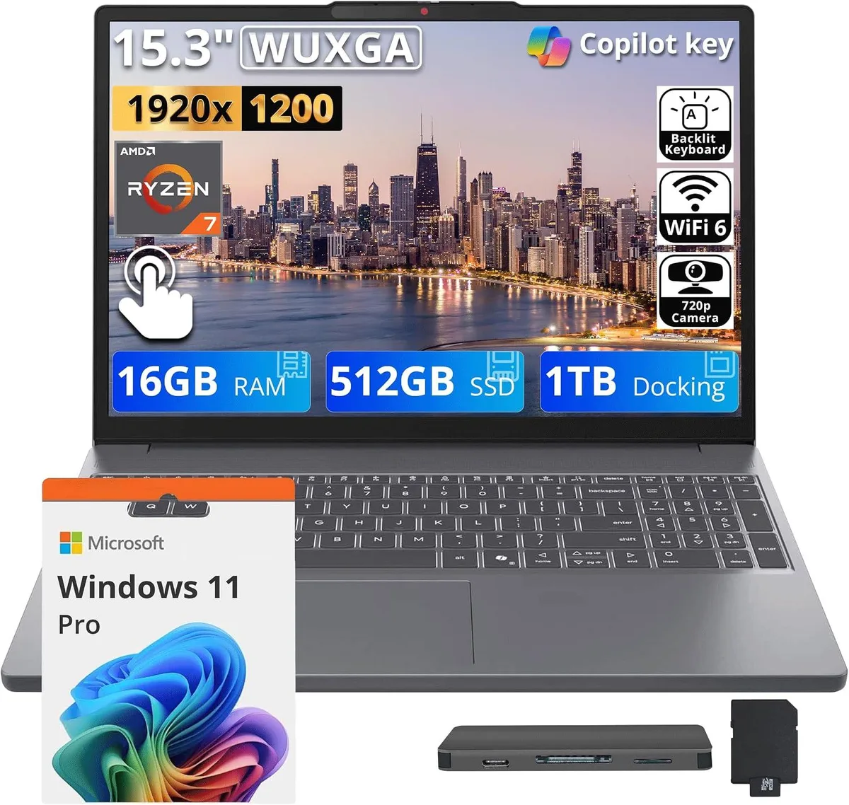 Lenovo Lenovo IdeaPad Slim 3 15.3" WUXGA Touchscreen Business Laptop AMD Ryzen 7 8840HS 16GB DDR5 1.5TB Luna Gray — صورة المنتج