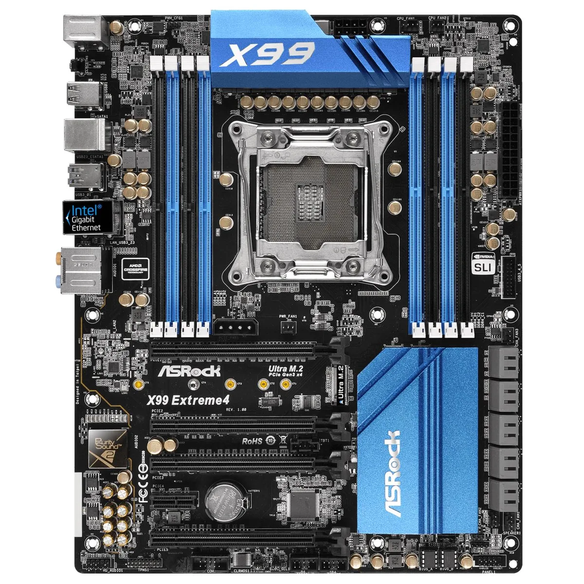 ATX motherboard with black PCB, silver heatsinks and eight DDR4 slots