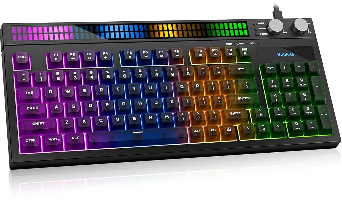 Black compact 94-key wired gaming keyboard with RGB backlighting, sound-reactive light bar, dual control knobs