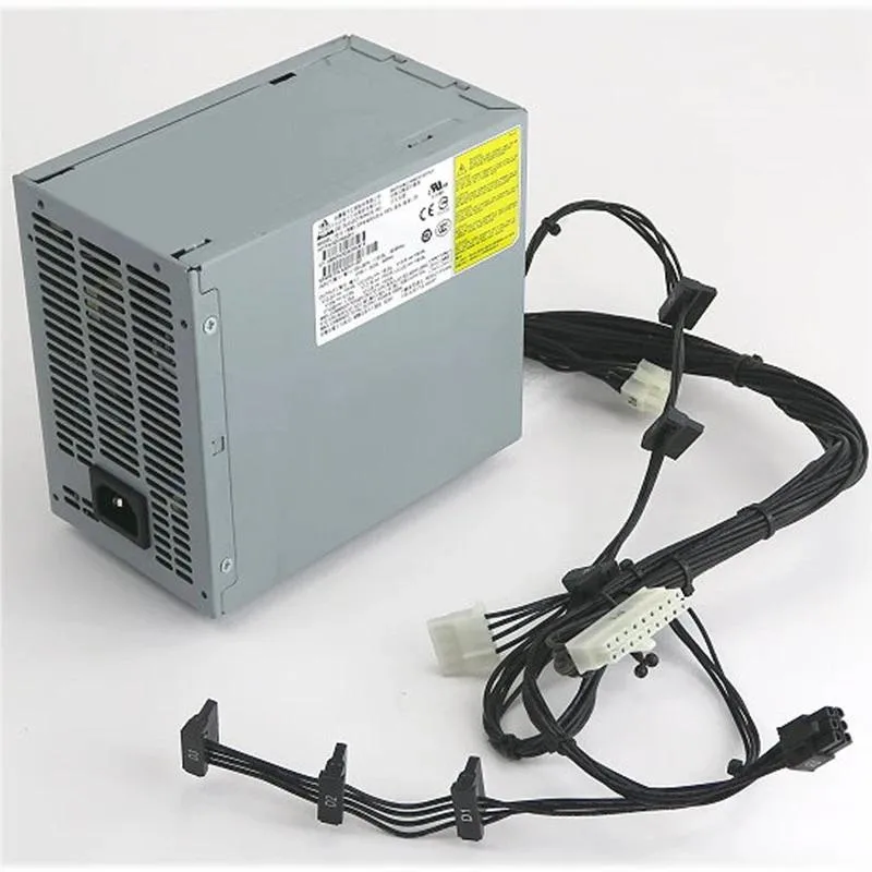 Rectangular ATX power supply unit with metal casing and rear fan grille