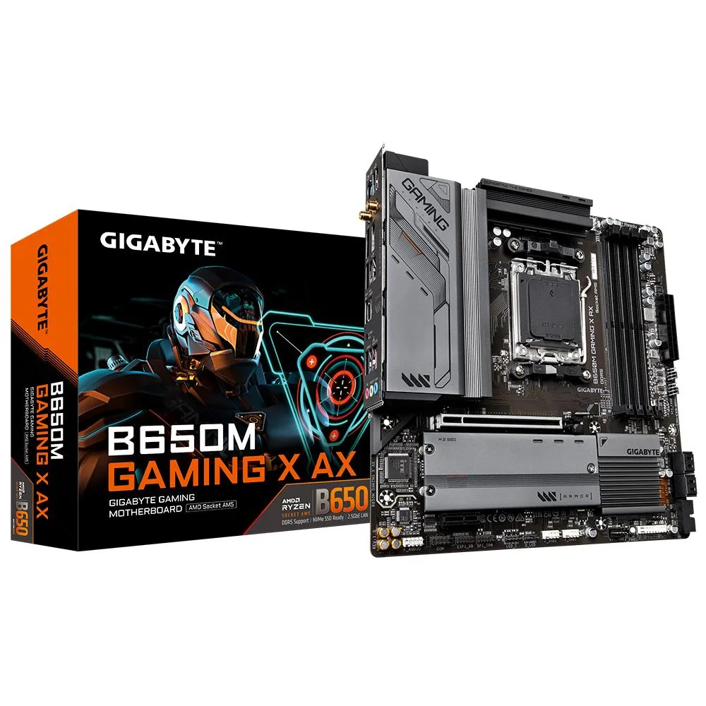 Micro-ATX motherboard with black PCB and silver heatsinks