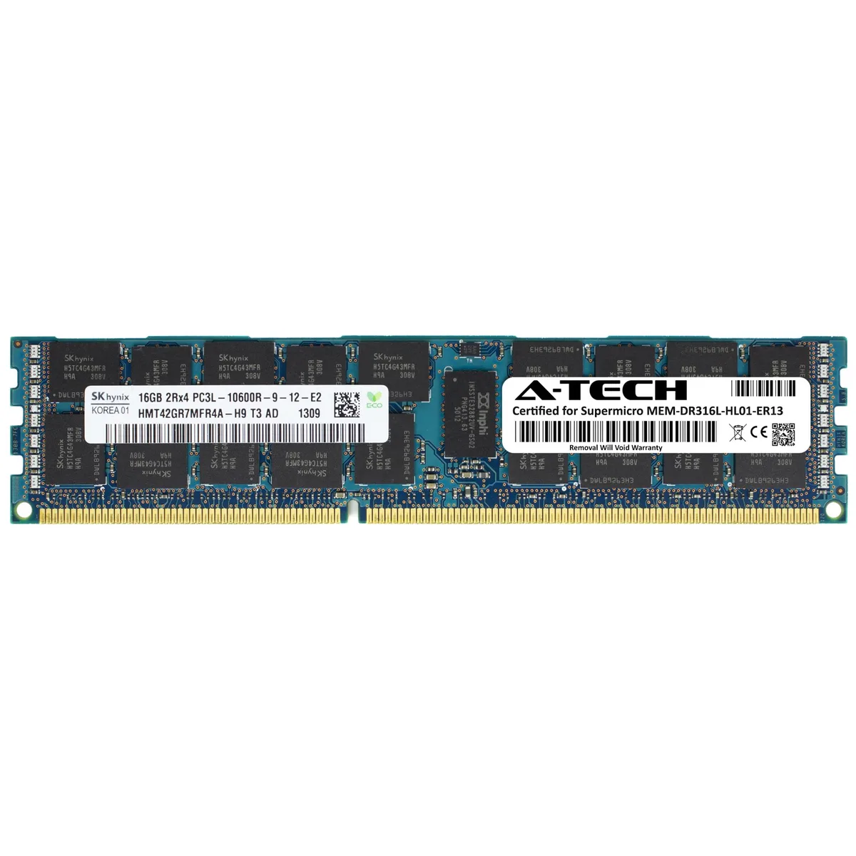 Green 240-pin DDR3L RDIMM module with black memory chips and a product sticker