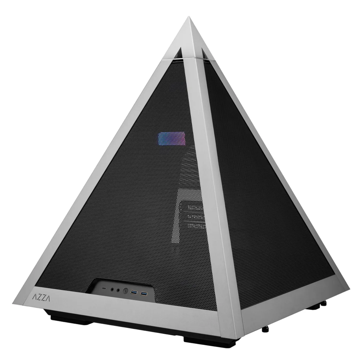 Black and silver aluminium-frame full-tower case with four metal mesh panels and a detachable top cover