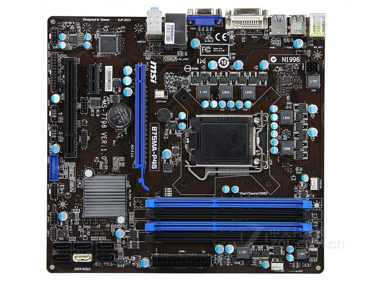 Green Micro ATX motherboard with silver LGA 1155 socket, blue DDR3 slots and black PCIe x16 slot