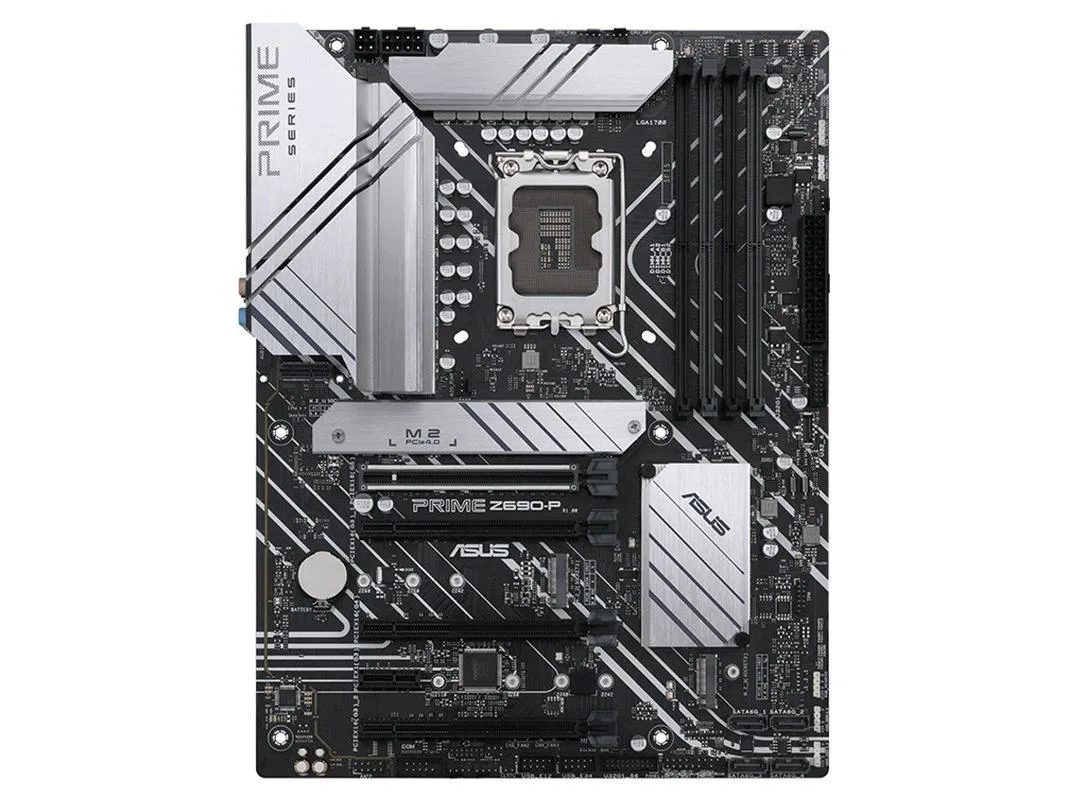 ATX motherboard in matte black with silver heatsinks and LGA 1700 socket