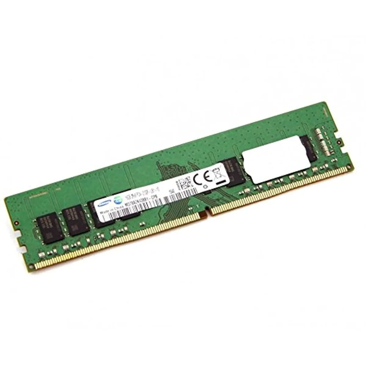 Green printed circuit board with black memory chips and gold edge connectors