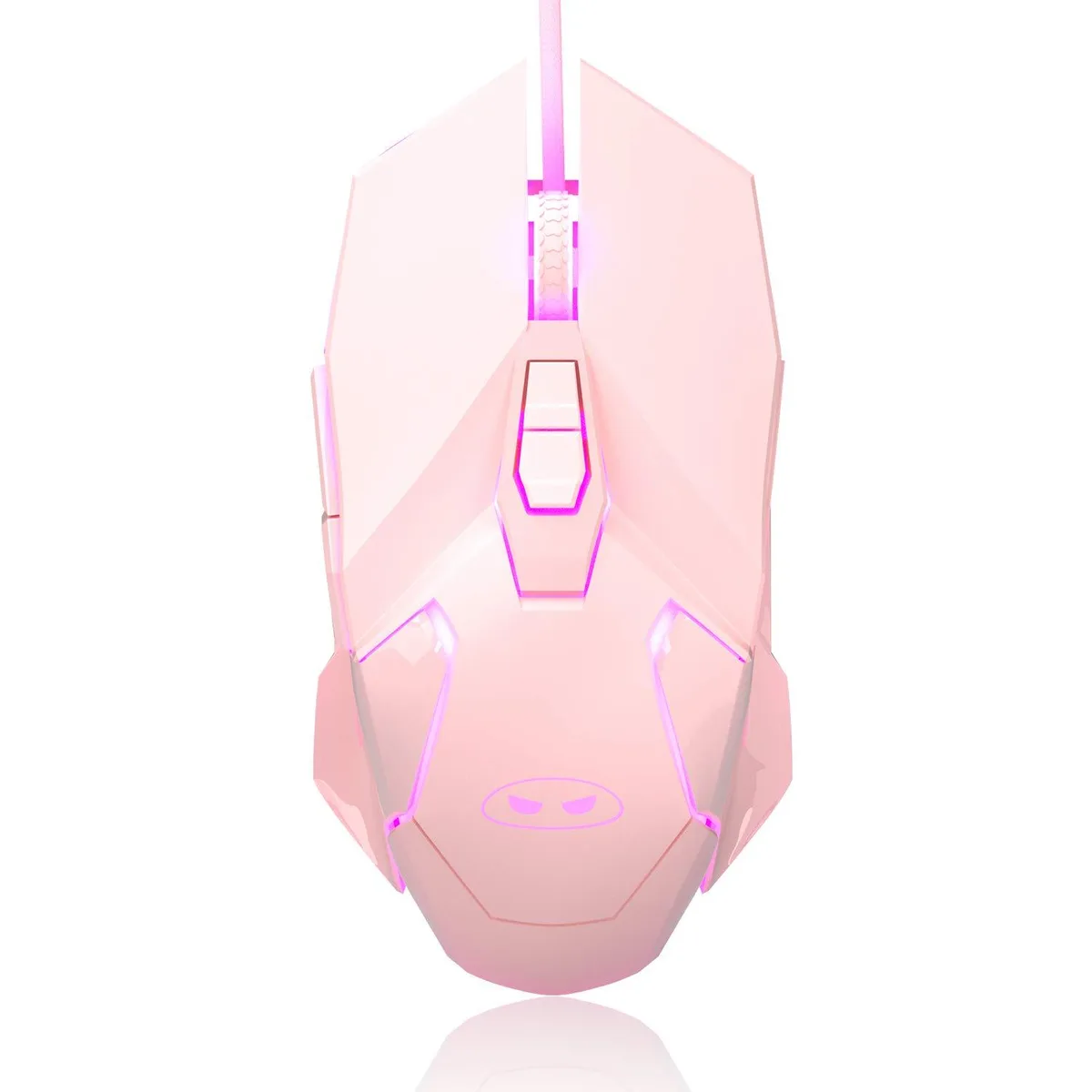 Pink ergonomic wired gaming mouse with braided cable and seven buttons