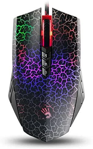 Black ergonomic gaming mouse with angular side grips and illuminated scroll wheel