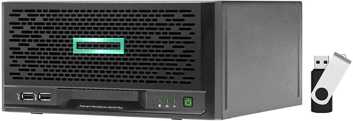 Compact silver tower server on a plain background