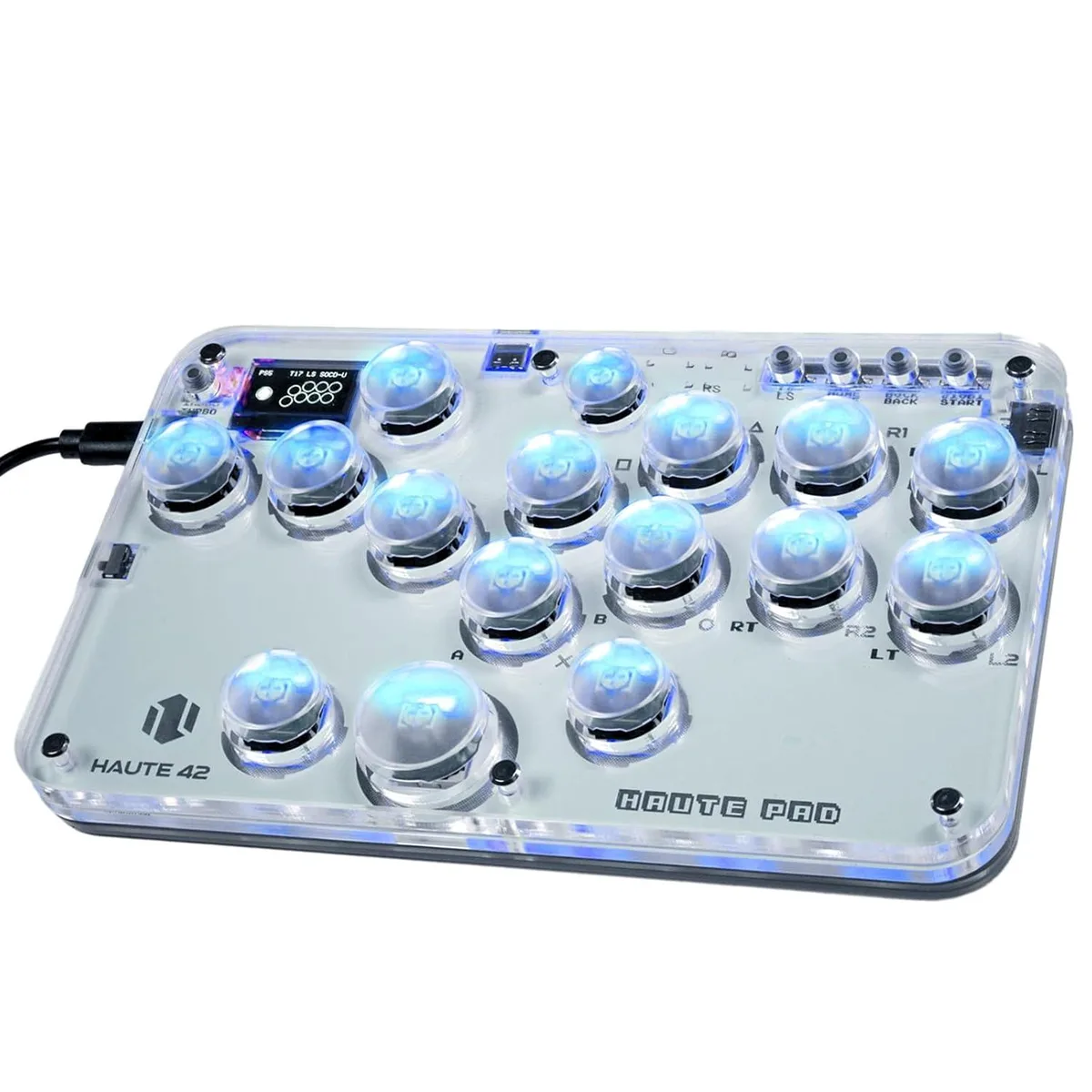 Transparent acrylic arcade stick with 16 buttons and RGB lighting