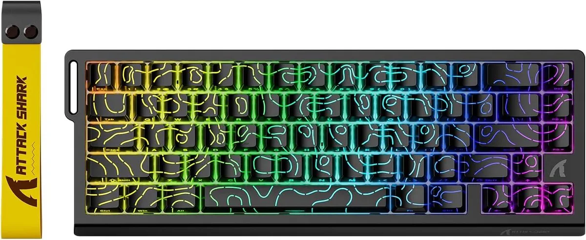 Compact 60 percent wired gaming keyboard in black contour finish with 66 keys and south-facing RGB lighting