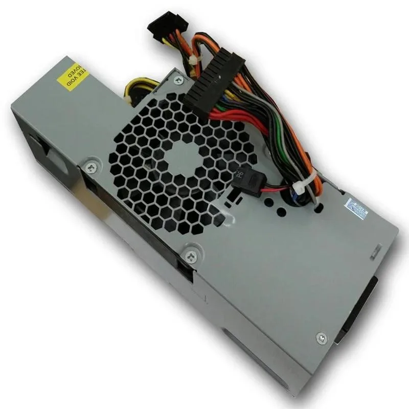 Rectangular metal power supply unit with ventilation grille and label listing Dell OptiPlex models