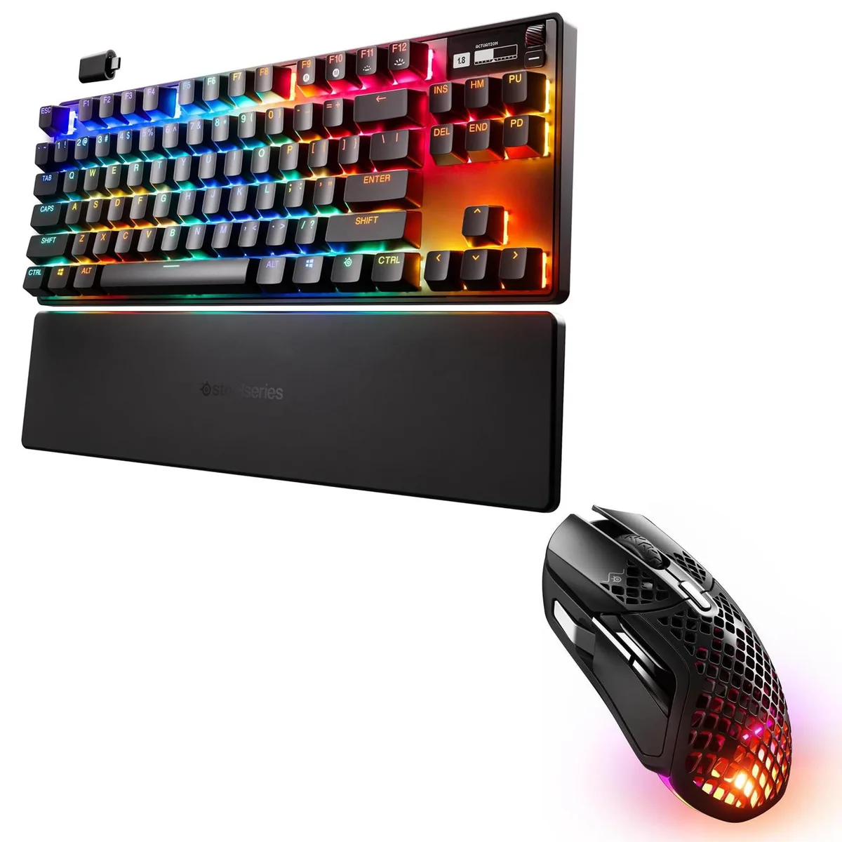 Tenkeyless wireless keyboard with aluminium top plate and OLED screen plus lightweight hole-pattern wireless mouse