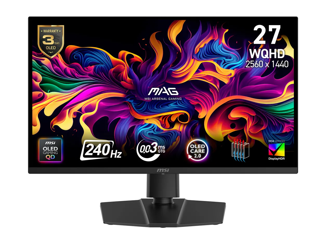 27 inch flat OLED gaming monitor in metallic black with thin three sided bezels and adjustable stand