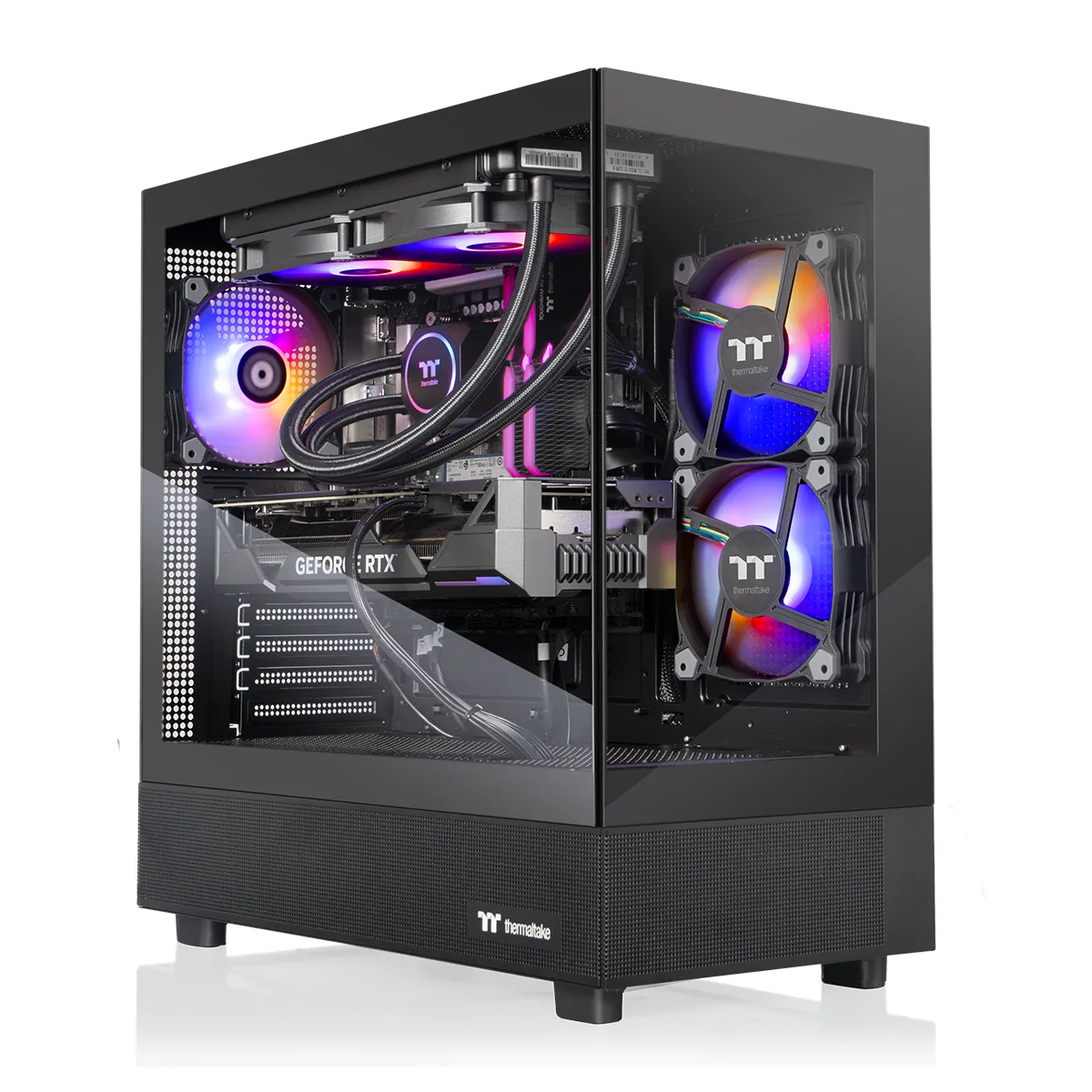 Black mid-tower gaming desktop with tempered glass side panel and RGB liquid cooling visible inside