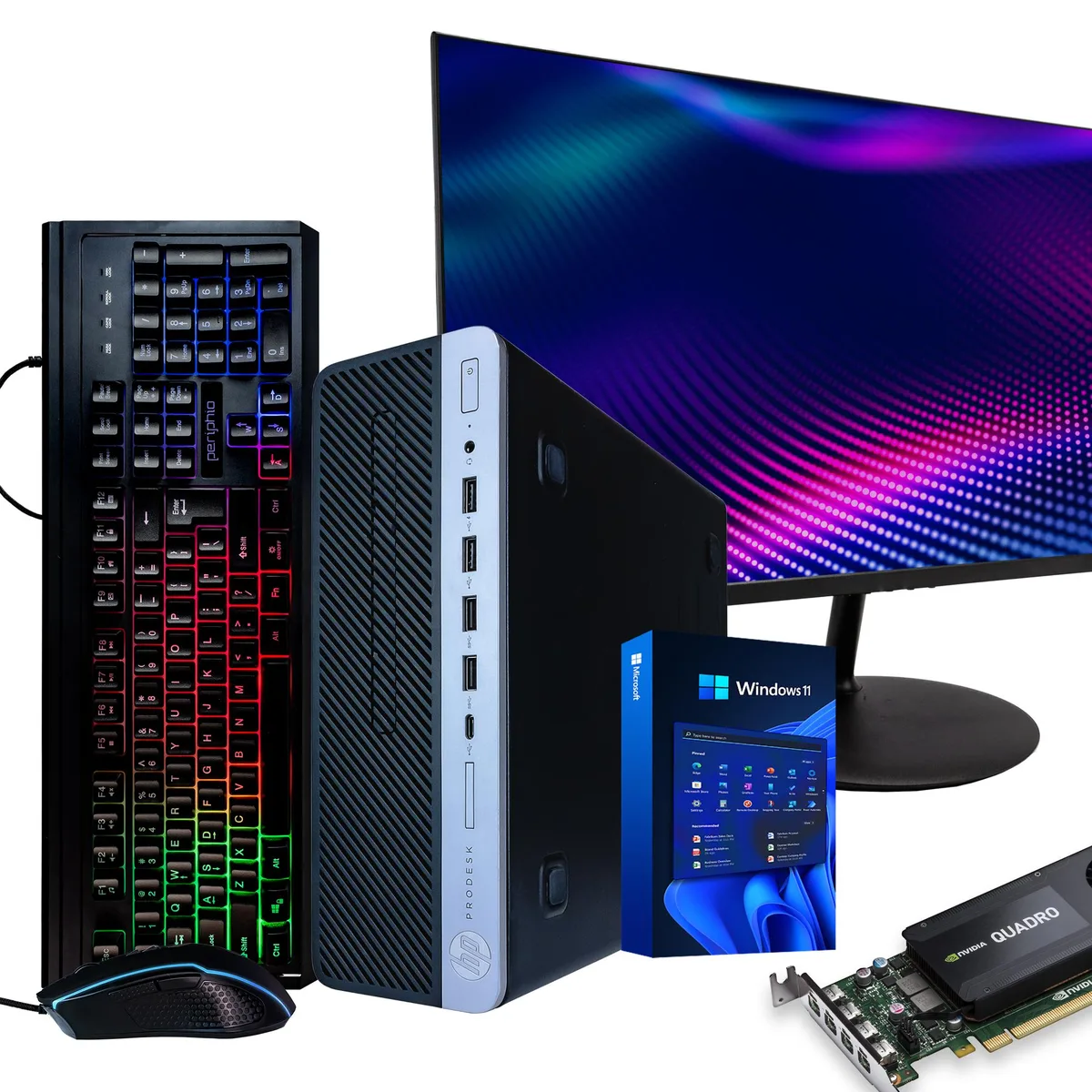 HP HP ProDesk 600G4 desktop PC, i5-8500, 32GB DDR4, 1TB SSD + 4TB HDD, Quadro K1200, 22in monitor, Win 11 Pro — photo du produit