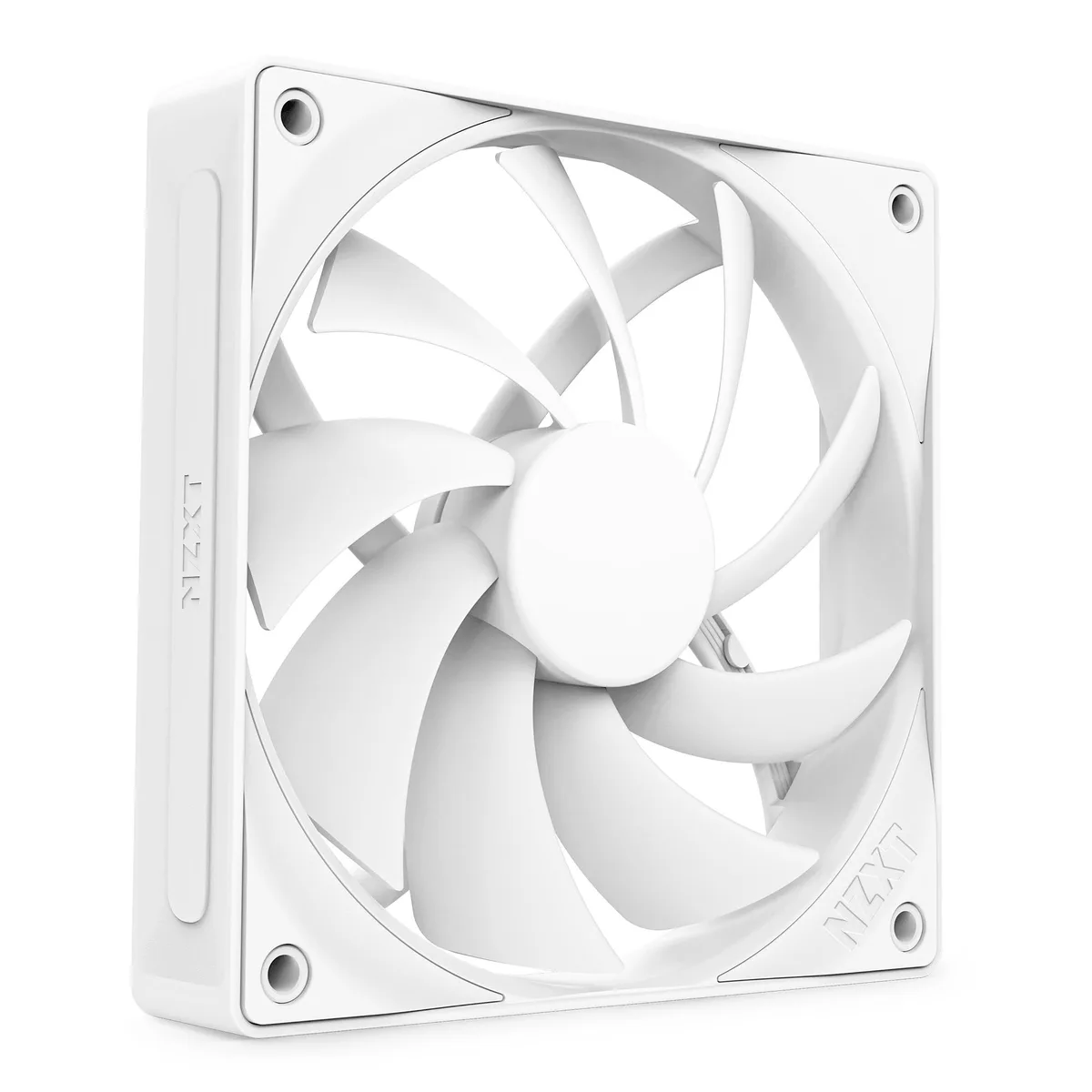 White 120mm square case fan with nine sickle blades and no LED lighting