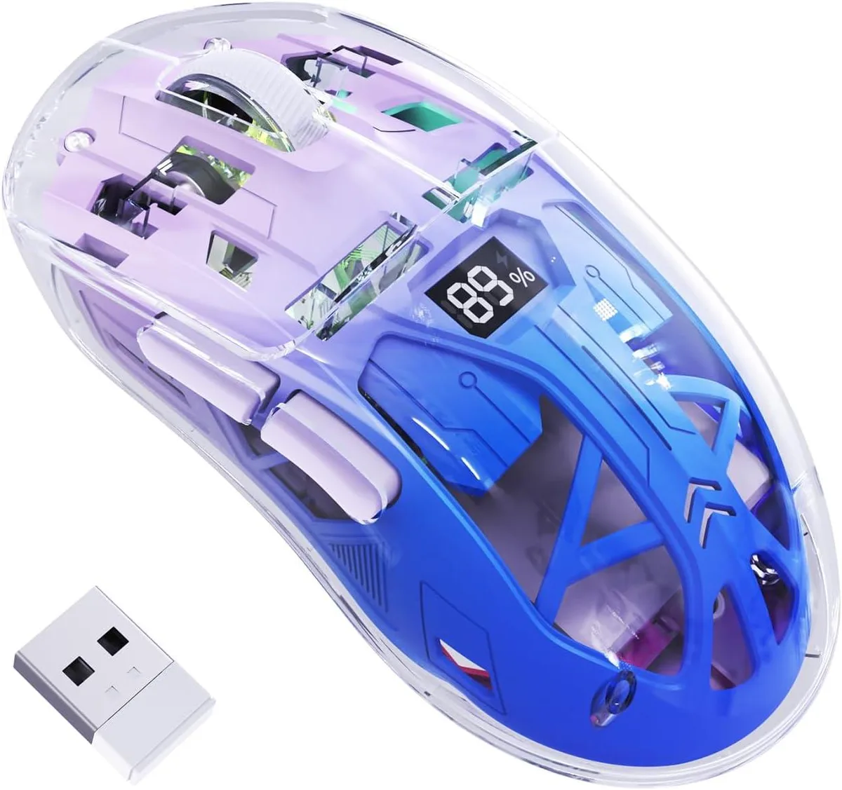 Transparent purple wireless gaming mouse with RGB lighting and digital battery display