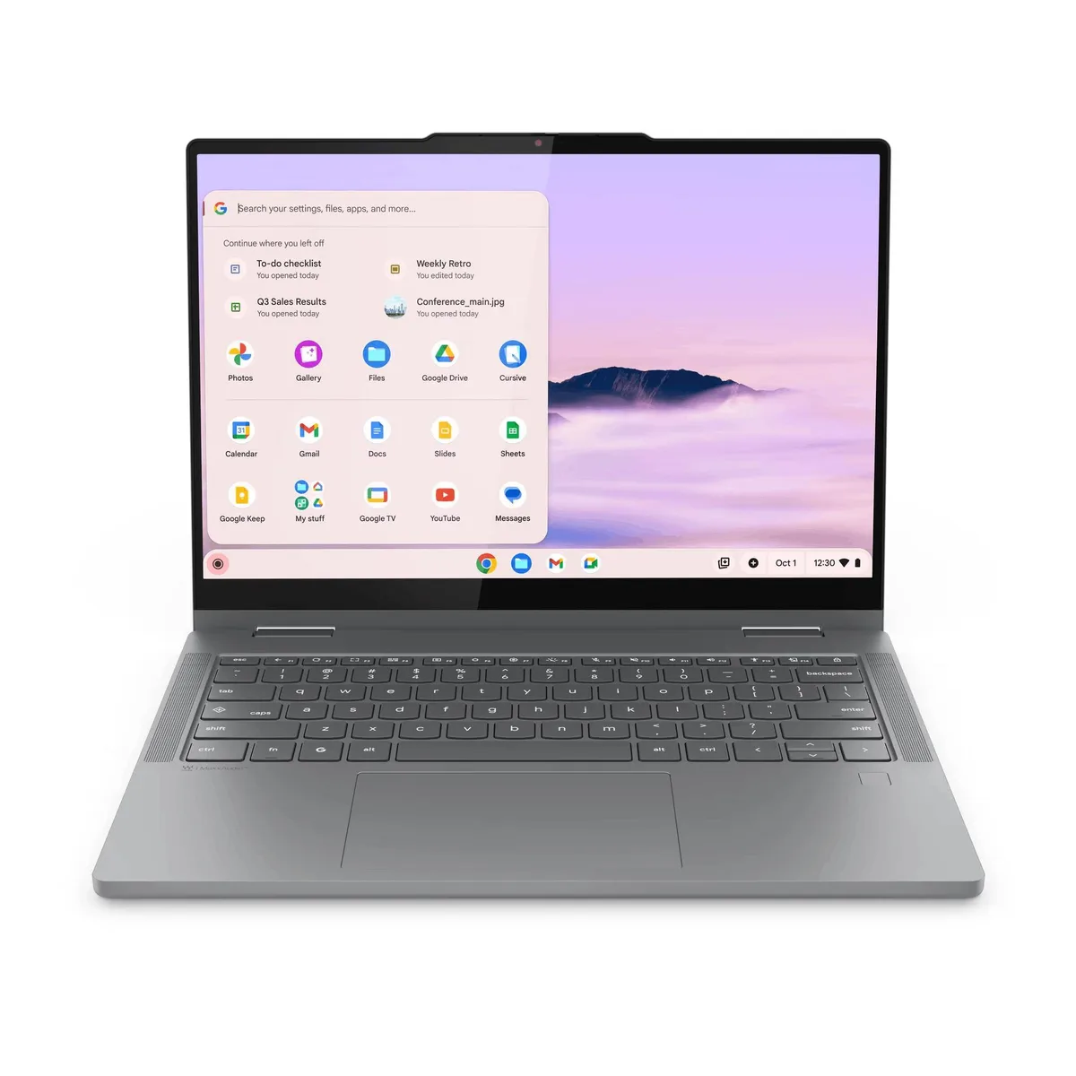 Silver convertible laptop with 14 inch touchscreen display and flexible hinge