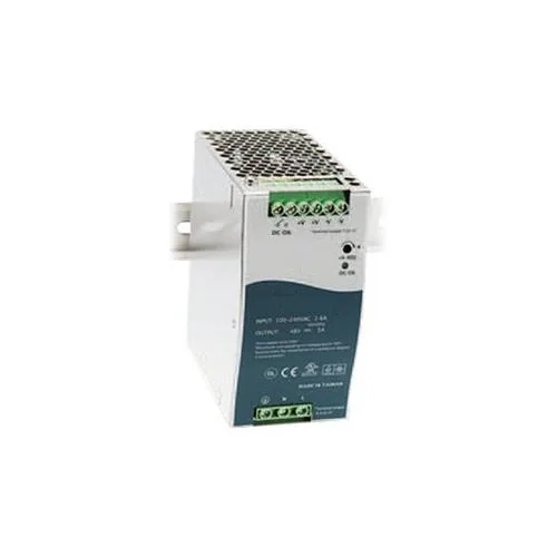 Rectangular metal DIN-rail power supply, matte grey finish, terminal blocks on front, model 25104