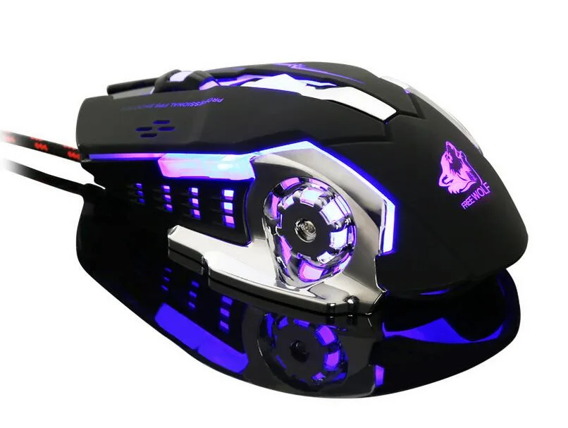 Black right-handed wired gaming mouse with six buttons and four LED backlight zones