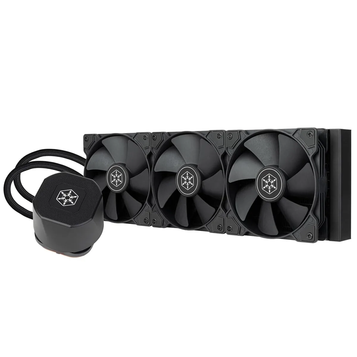 Black all-in-one liquid cooler with 360 mm radiator, three fans, white LED on pump block