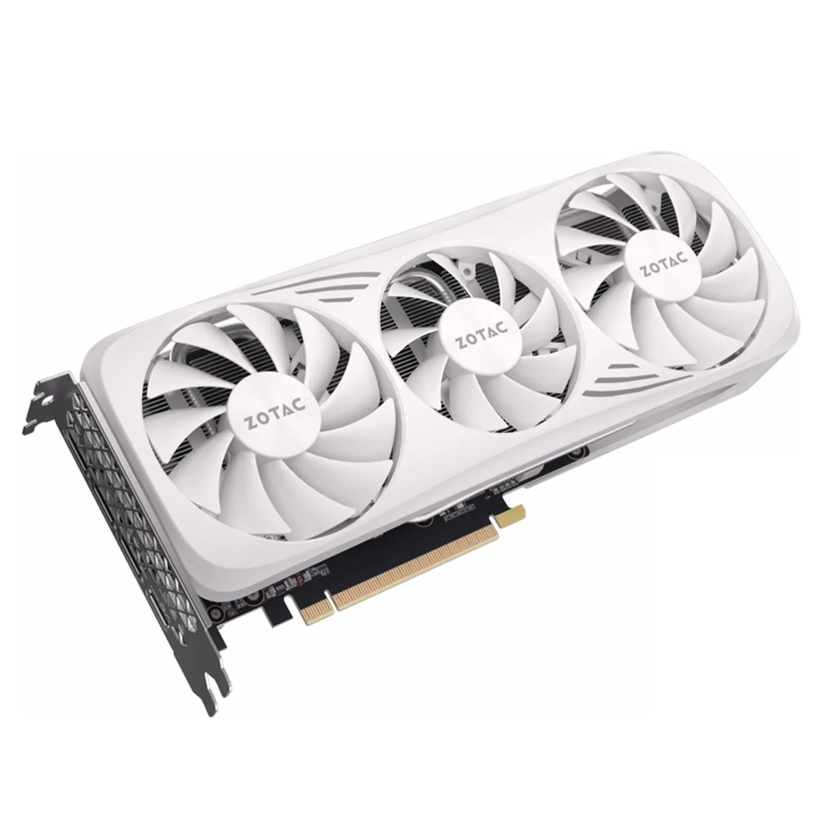 White triple-fan graphics card, 2.3-slot thickness, silver backplate visible