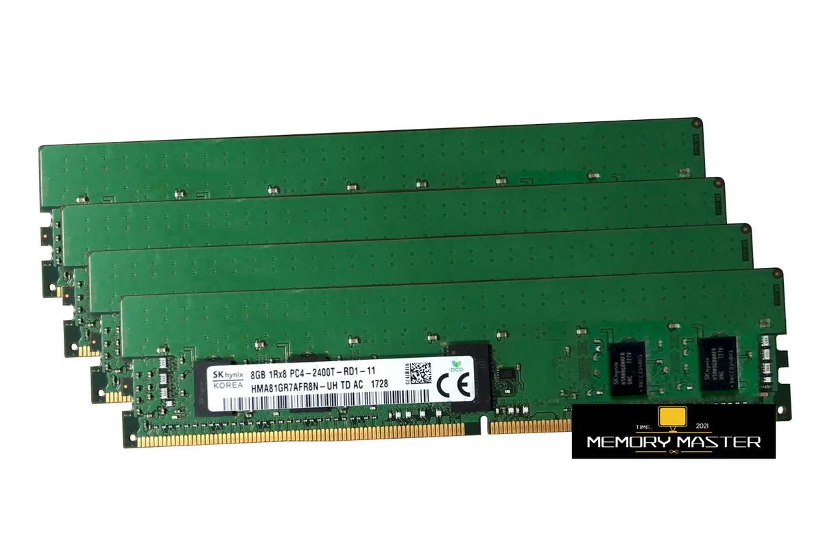 Four green DDR4 registered DIMMs with black chips