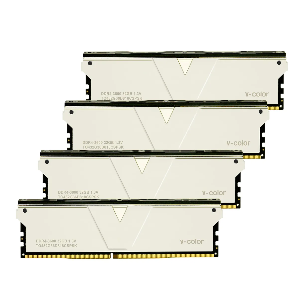 Four silver DDR4 modules with solid heat spreaders, quad channel kit