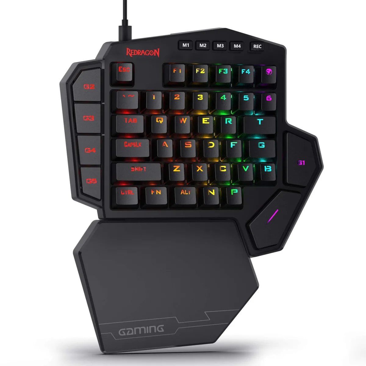 Compact black one-handed mechanical keyboard with detachable magnetic wrist rest and coiled USB-C cable