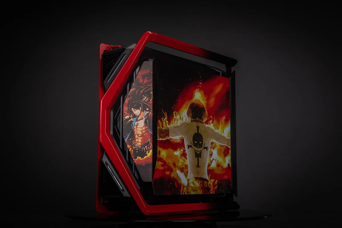 Full-tower case with dual tempered glass panels and One Piece Ace UV artwork