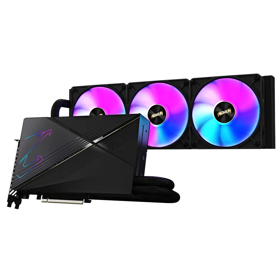GIGABYTE AORUS RTX 4080 graphics card with liquid cooler and black metal shroud