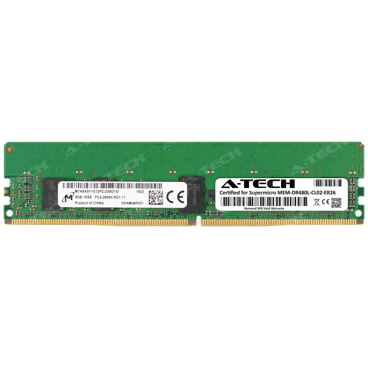 Green rectangular DDR4 RDIMM module with black chips and gold contacts